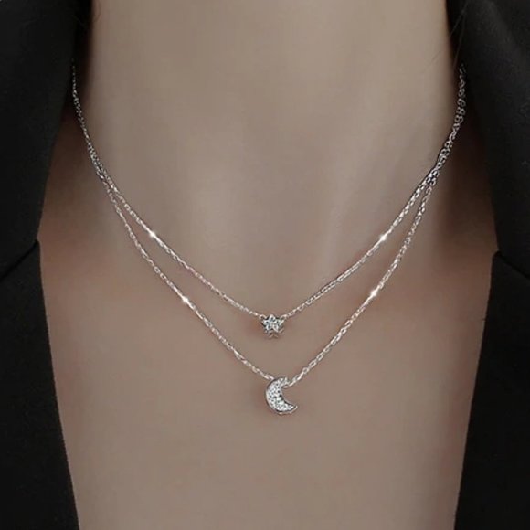 *925 Sterling Silver Diamond Moon Star Necklace - Picture 1 of 12